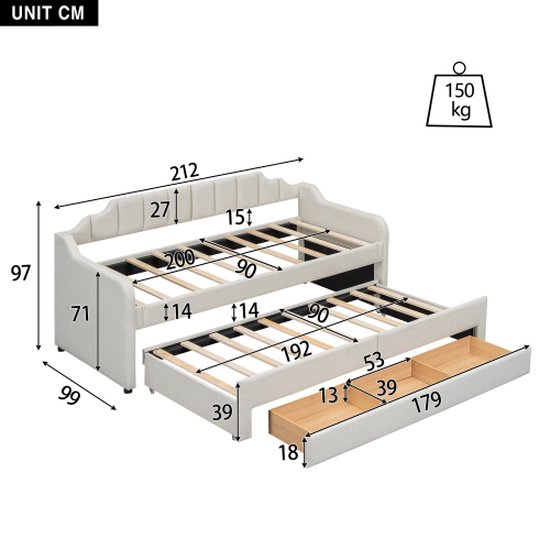 Eenpersoons - Met opbergruimte - Hout - Beige - MDF - Bedden