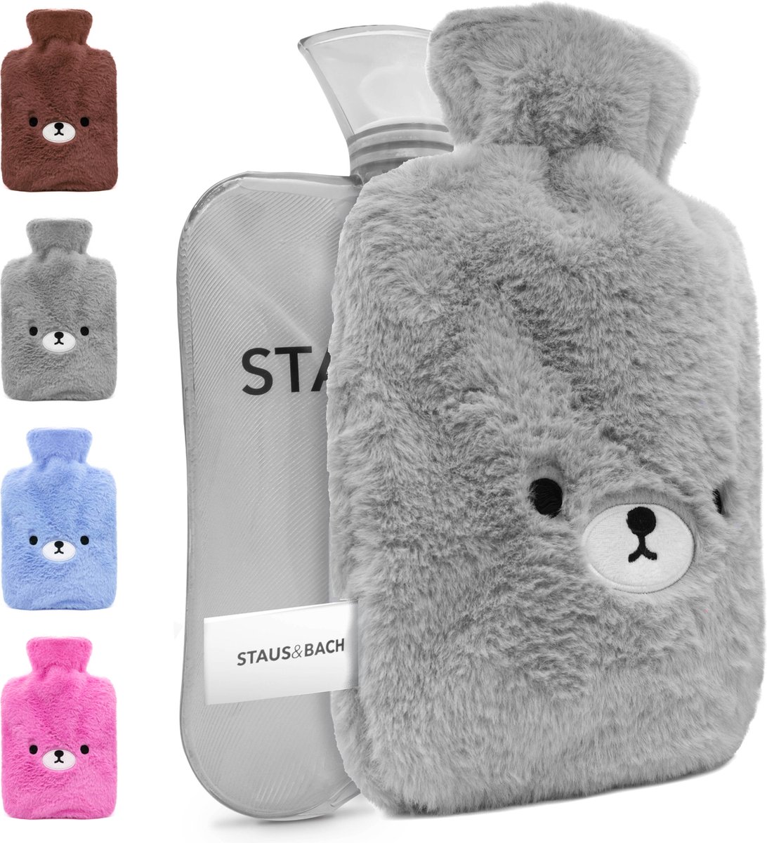 Goedkoopste STAUS&BACH FuzzyBear - Kruik (2 liter) met hoes - Warmwaterkruik tot 6 uur verwarmt - Kinderkruik knuffel dier (fleece) - Grijs