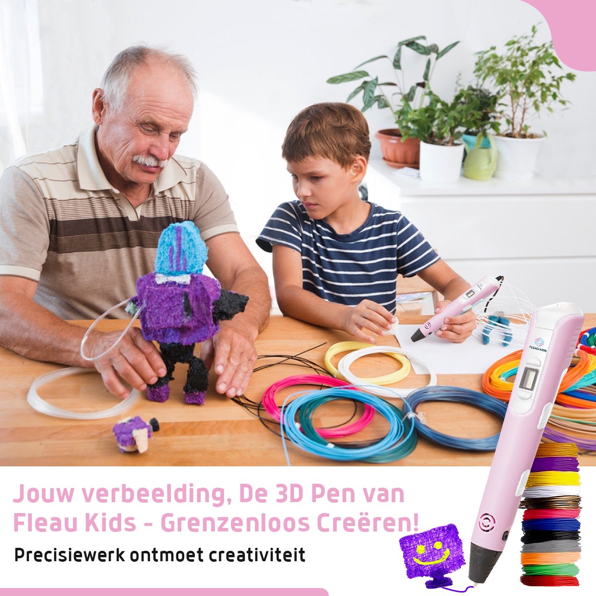 Fleau Kids 3D Pen Starterspakket Roze XL - 75m Filament - 15 Kleuren Vullingen + Vele Extra's - 2025 USB-C Model - Knutselen en Tekenen - 3D Printen - Tekenset — afbeelding 11