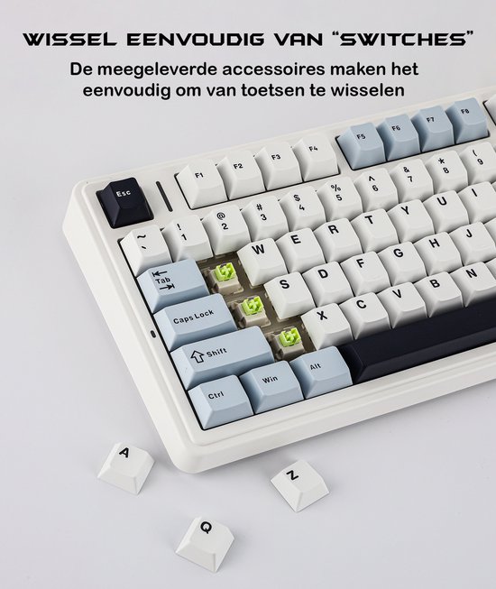 Wit mechanisch toetsenbord met lichtblauwe en donkerblauwe toetsen. Enkele toetsen verwijderd om schakelaars te tonen.