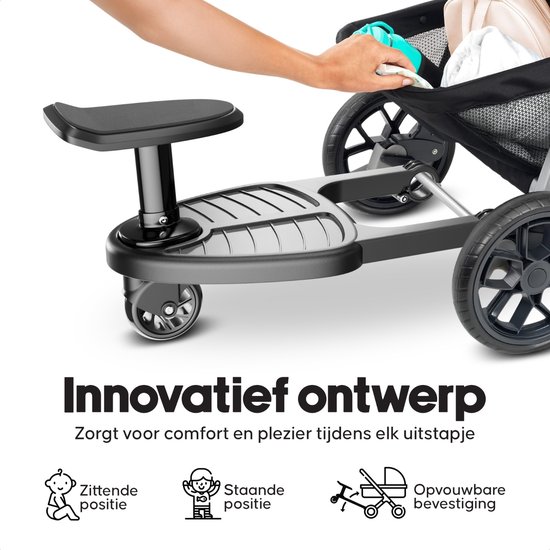 Silvax® - Meerijdplankje - Universeel - Eenwieler - Meerijd plankje met zitje - Voor kinderwagen - Extra stevig - Zwart van Merkloos — afbeelding 3