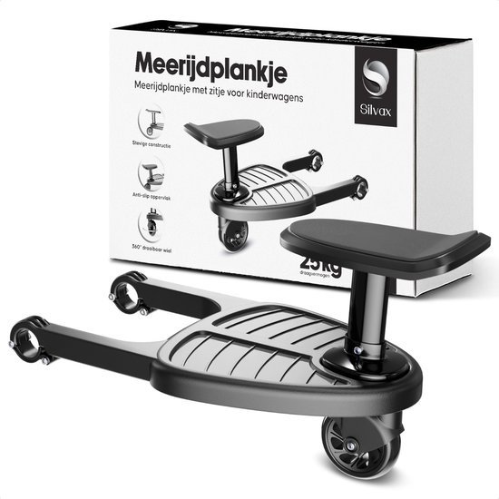 Silvax® - Meerijdplankje - Eenwieler - Meerijd plankje met zitje - Voor kinderwagen - Extra stevig - Zwart
