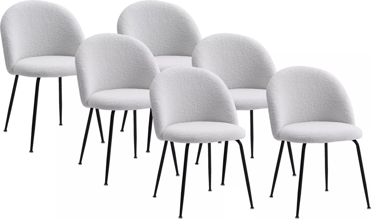 Vente-unique Set van 6 stoelen van boucléstof en zwart roestvrij staal - Wit - MELBOURNE