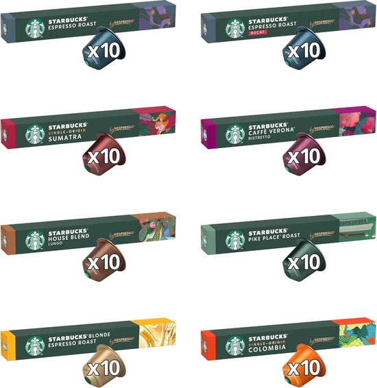 Acht dozen Nespresso cups van Starbucks in verschillende kleuren en ontwerpen.