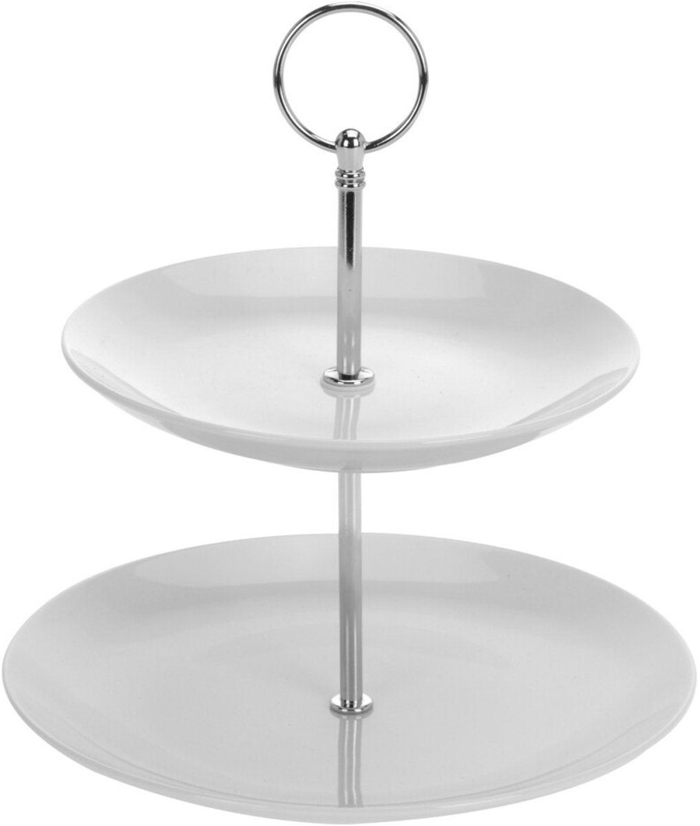 Excellent Houseware Etagère - porselein - 2-laags - zilverkleurig handvat - high tea