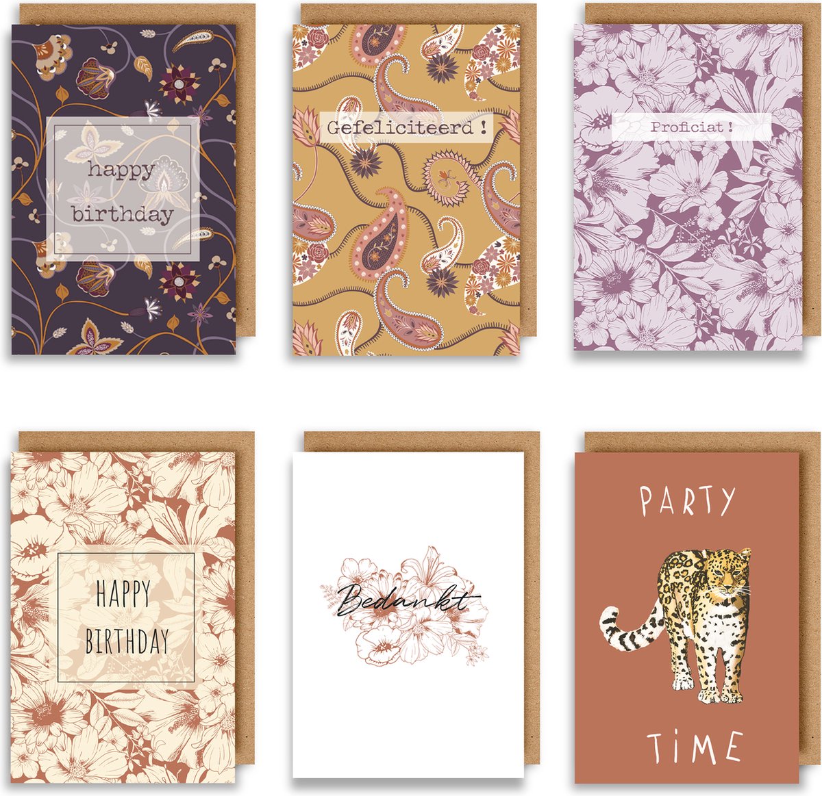 6 Luxe wenskaarten incl. gerecycleerde kraft envelop - Set van 6 - dubbele wenskaarten - gerecycleerde envelop – originele verjaardagskaarten - 11.5x17 cm - unieke illustraties