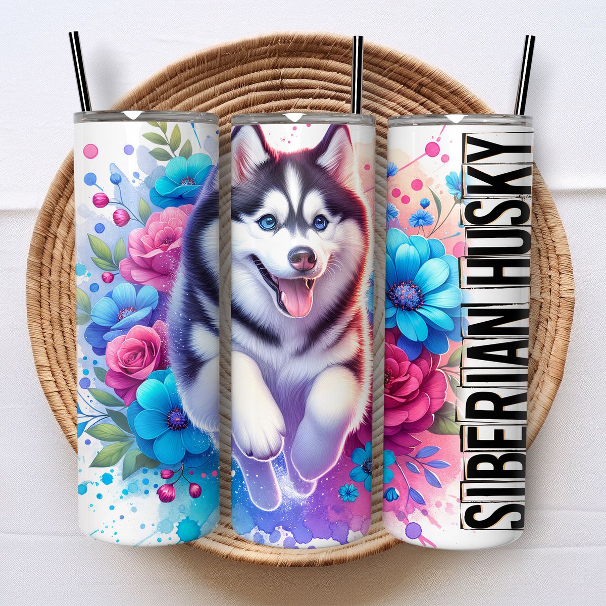 Siberische Husky Tumbler cadeau honden beker met rietje - Geïsoleerde roestvrijstalen drinkbeker met deksel - Thermosbeker - Thermosfles - Schoolbeker- Cadeau voor hondenliefhebber - Draagbare thermosfles - Huisdier cadeau - Huisdier - Koffiebeker