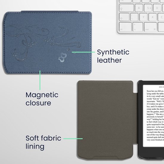 kwmobile e-reader hoesje geschikt voor Pocketbook Verse / Verse Lite / Verse Pro / Color / Vivlio Light/Light HD hoes - E reader flip case met magnetische sluiting - Ereader cover - Stengels en Vlinder design in donkerblauw van kwmobile — afbeelding 3
