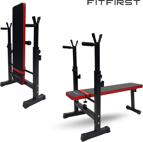 FitFirst® Halterbank FF-1000 | Inklapbaar & Verstelbare Fitnessbank | Haltersteunen voor Gewichten | Robuust en Praktisch Ontwerp - Trainingsbank voor Thuis