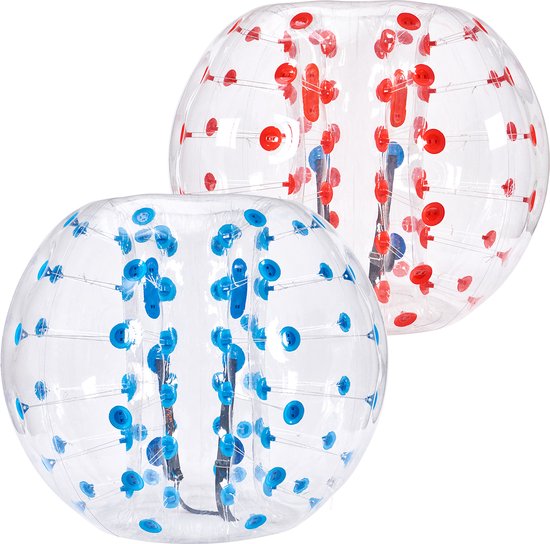 Deux boules de pare-chocs transparentes, l'une avec des pois bleus et l'autre rouges, sur fond blanc.