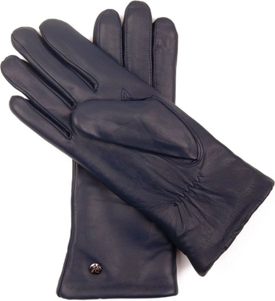 Marineblauwe lederen handschoenen met een knoopdetail aan de pols.
