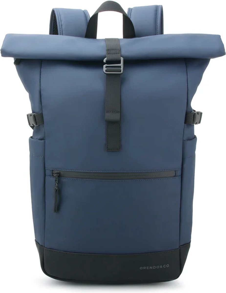 Orendo&Co Signature Rolltop Backpack | Blauw | 900D PU Coated Materiaal | Waterafstotend | Duurzaam | 16" Laptop vak | Reistas | Schooltas | Rugzak | Rugtas | Man | Studenten | Laptop rugtas heren | Laptop rugzak heren - vrouwen