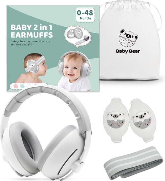 Youha gehoorbeschermingsset - gehoorbescherming geschikt voor Baby’s en Peuters (0-4 jaar) - 2-in-1 set - Anti slip- en klitterband - Kleur: Wit