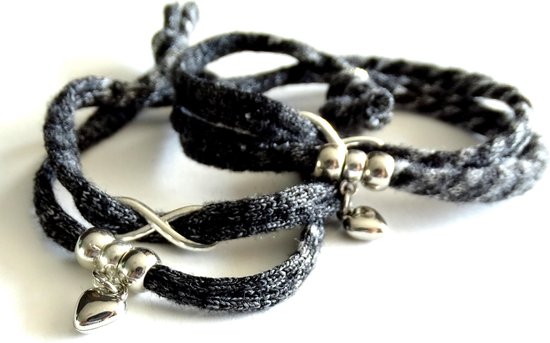 2 Love it Twin Infinity Stoer - Bracelet - Bracelets d'amitié - Par 2 - Textile gerycyclé - 50 CM de long - Élastique - Grijs - Couleur argent