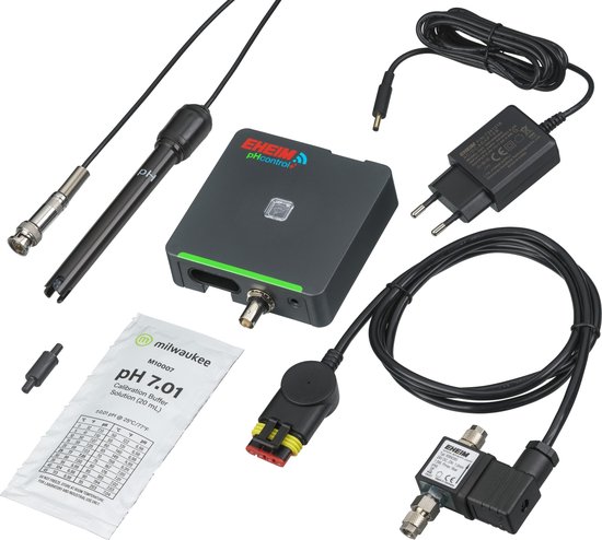 EHEIM pHcontrol+e set: pH-controller, elektrode, magneetventiel, voedingsadapter, kalibratievloeistof en kabels.