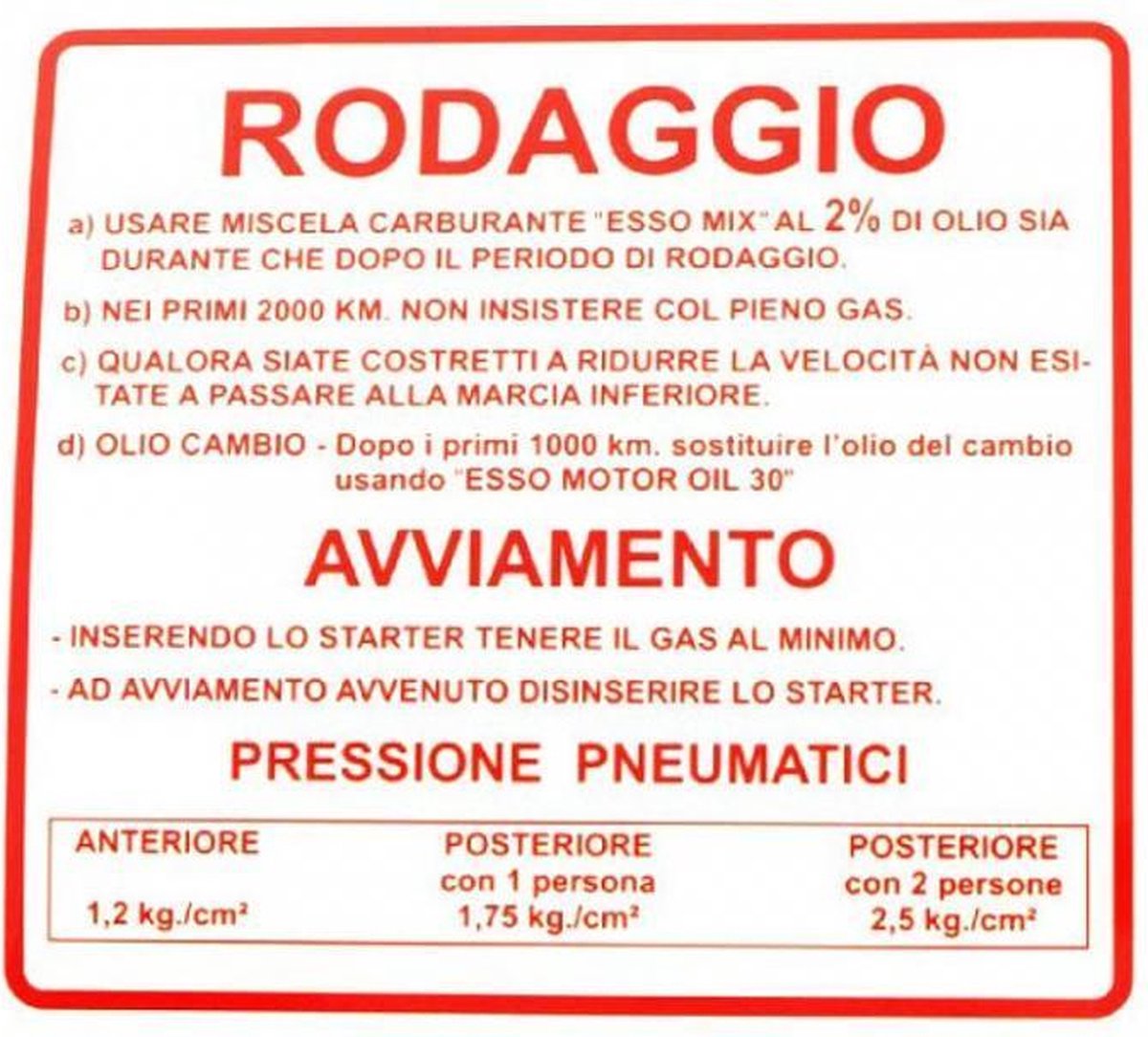 Stickers RMS pour scooter Piaggio 180 Vespa Rally 1968-1973 rodage rouge Neuf