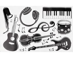 Pvc Muursticker Muzieknotities - Muurstickers Zwarte Muziekinstrumenten - Verwijderbare Gitaar Piano DJ Hoofd Telefoon Drums Saxofoon - Muziekstudio Slaapkamer Kunst Kamer Decoratie .