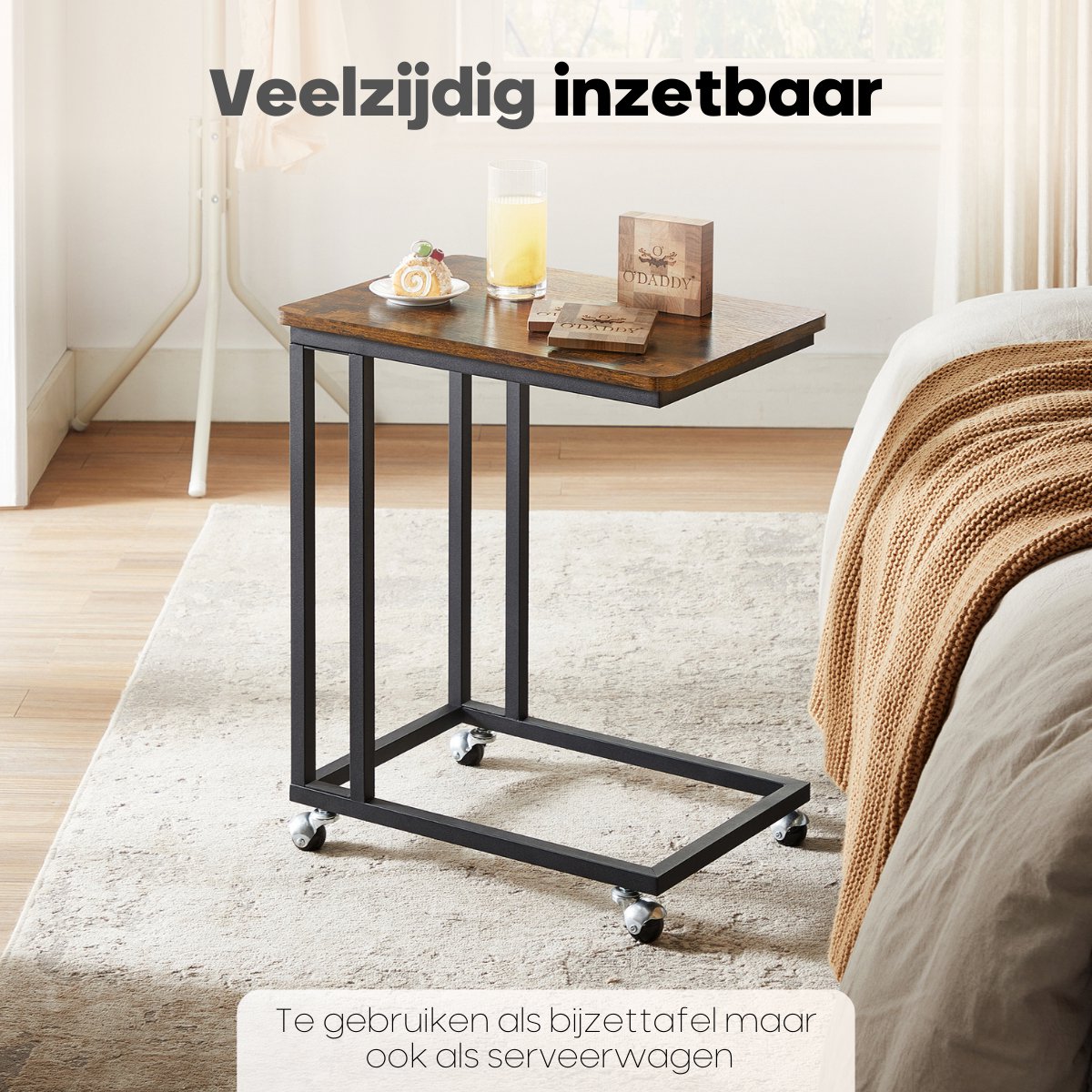 Bijzettafel C-vorm, 360 graden draaibaar en in hoogte verstelbaar, kleine tafel van bamboehout en metaal, salontafel voor smalle ruimtes, bijzettafel, bank, hout, voor woonkamer, slaapkamer