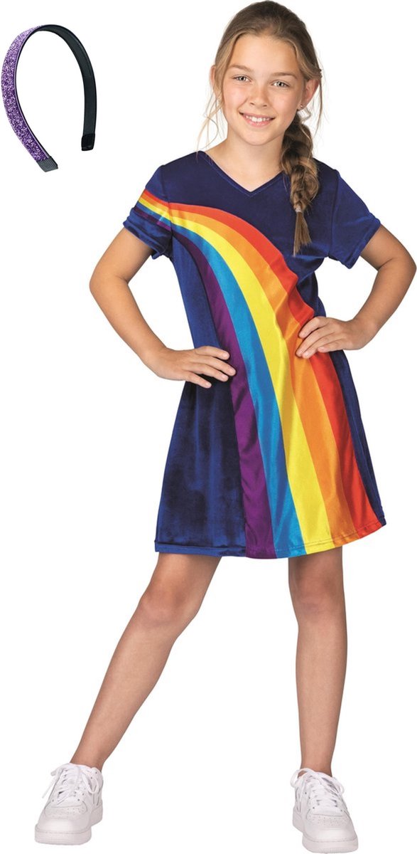 K3 regenboogjurkje - regenboog jurkje - blauw - verkleedjurk - mt 6-8 jaar + glitter haarband