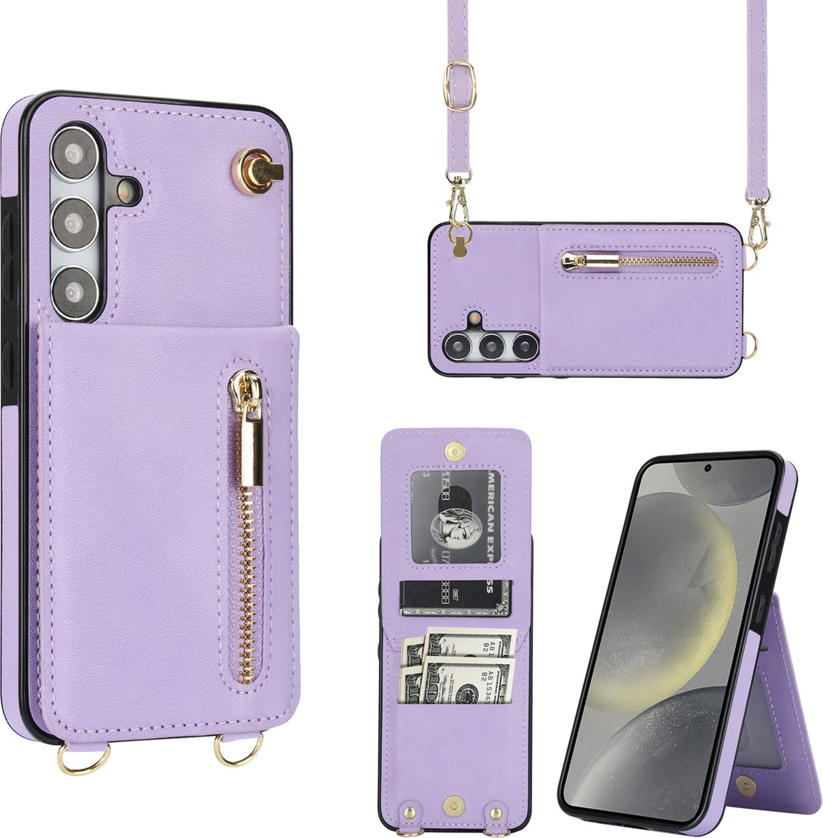 Multimedia & Accessoires Stijlvolle Leren Fashion Backcover Case Hoesje met Koord, Stand Ritsvak en Pasjeshouders geschikt voor Samsung Galaxy S24 - Paars