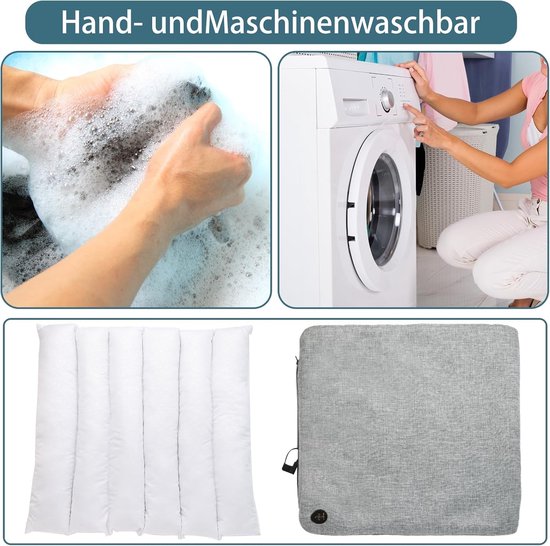 Handen wassen het grijze kussen, machine wasbaar, met witte vulling.