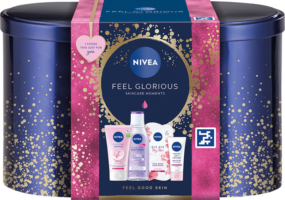 Goedkoopste NIVEA Feel Glorious - Geschenkset - Inhoud Miceallair Water 200ml Gezichtsmasker 2x 7,5ml Dagcrème SPF15 50ml Gezichts Reinigingscrème 150ml Bewaarblik - Cadeauset - 5 stuks