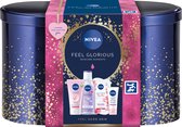 NIVEA Feel Glorious Geschenkset Vrouwen - Verjaardag Cadeau Pakket -Moederdag Cadeautje - Giftset met Micellair Water, Gezichtsmasker, Dagcrème SPF15, Gezichts Reinigingscrème en Bewaarblik