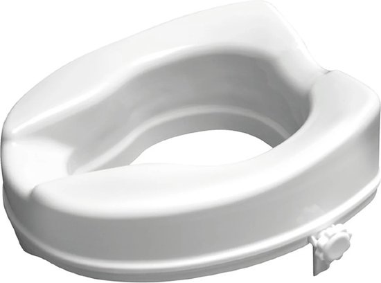 Witte toiletverhoger van kunststof met 10 cm hoogte en verstelbare klem.