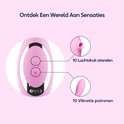 Close-up van roze 'eva' vibrator met knoppen. Cirkels tonen 10 luchtdruk standen en 10 vibratie patronen.