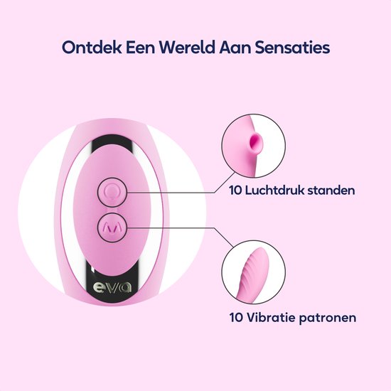 Close-up van roze 'eva' vibrator met knoppen. Cirkels tonen 10 luchtdruk standen en 10 vibratie patronen.