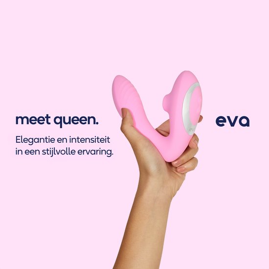 Hand houdt een roze 'Queen Pro' vibrator vast. Tekst 'meet queen. elegantie en intensiteit'.