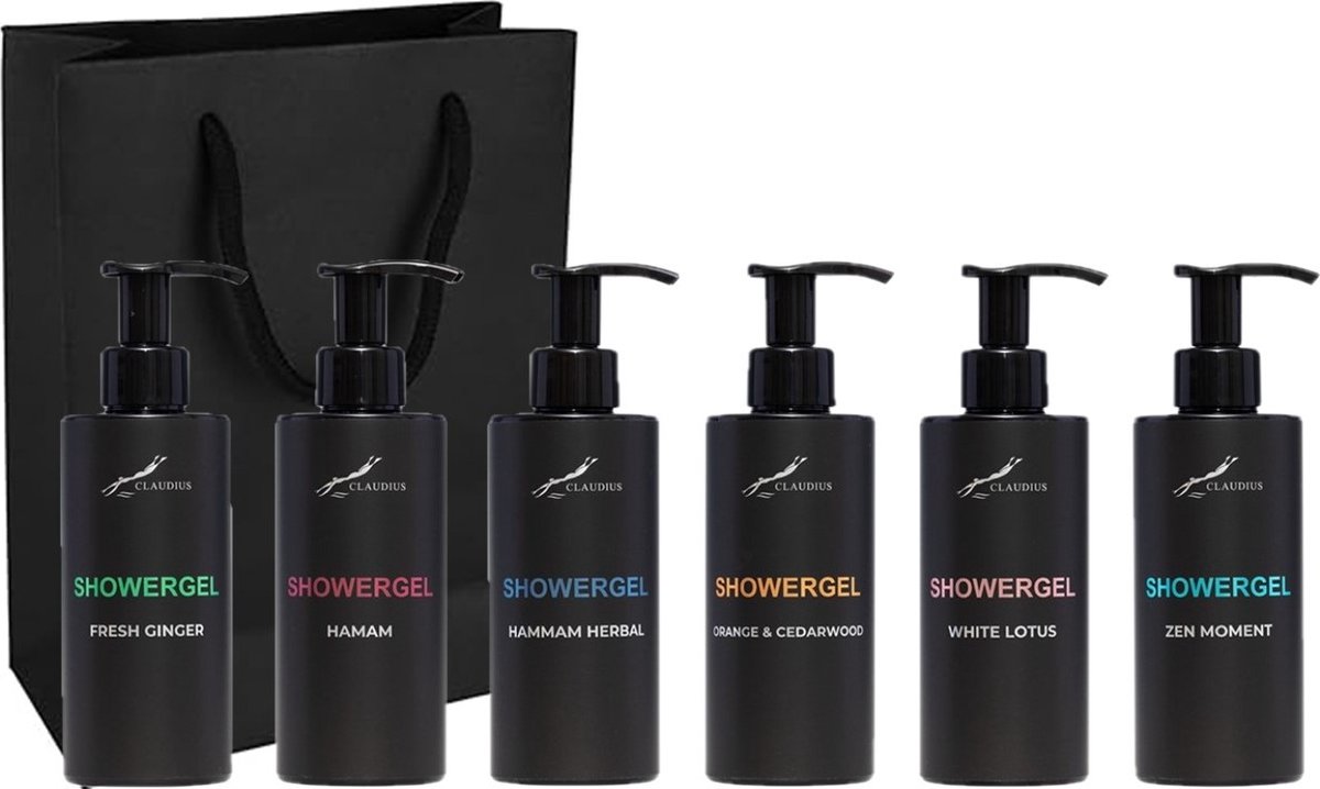 Goedkoopste Douchegel Set - Fresh Ginger Hamam Hammam Herbal Sweet Orange & Cedarwood White Lotus en Zen Moment - Claudius Cosmetics - bodycare - luxe fles - set van 6 stuks - Showergel - Cadeau - giftset voor hem en haar
