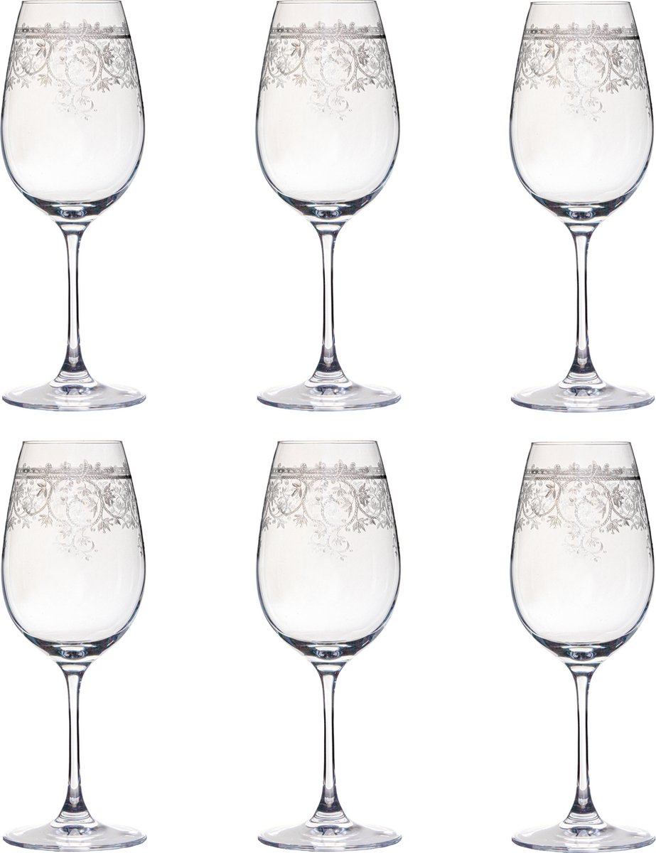 Livellara Luigi XV - Wijn/drinkglas - 350ml - transparant - gegraveerd - zeer elegant design - Set van 6