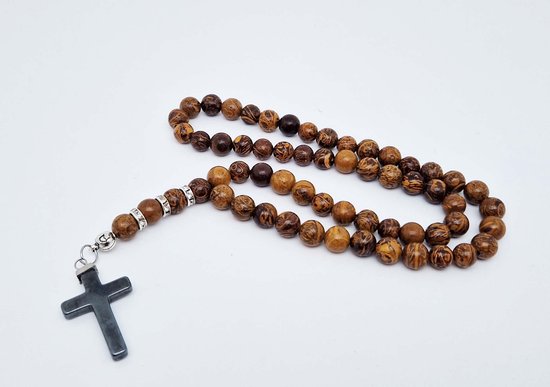 Pendentif de voiture en pierre naturelle fait main "Jaspe de peau d'éléphant" - Avec pendentif en métal "Croix" - 8 mm de diamètre du grain - Bel accessoire et décoration pour la voiture