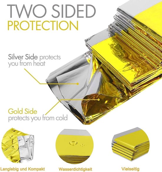 Tweezijdige bescherming: zilver tegen hitte, goud tegen kou. Beschikbaar in diverse maten. Waterdicht, compact, veelzijdig.
