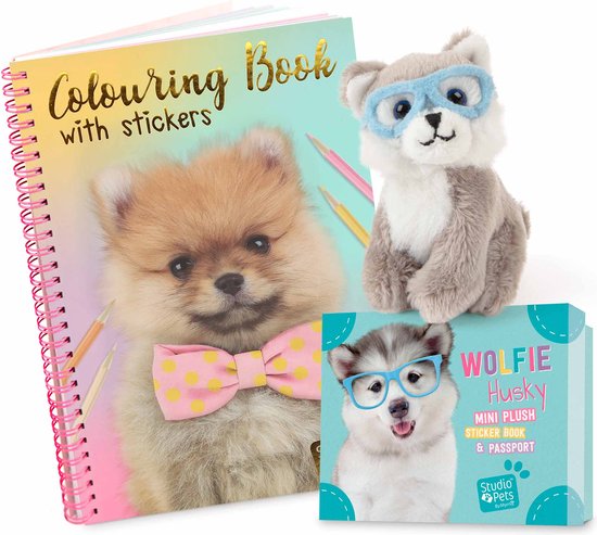 Peluche Wolfie avec lunettes bleues, à côté d'un livre de coloriage avec autocollants et d'une boîte Wolfie Husky.