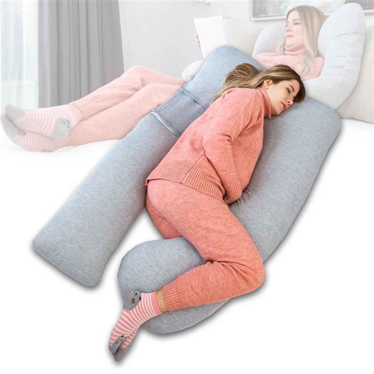 Goedkoopste Kolbray U-Vormig Zwangerschapskussen - Afneembare Hoes - Zijslaapkussen - Body Pillow - Lichaamskussen - Voedingskussen - Grijs 130x75x20cm