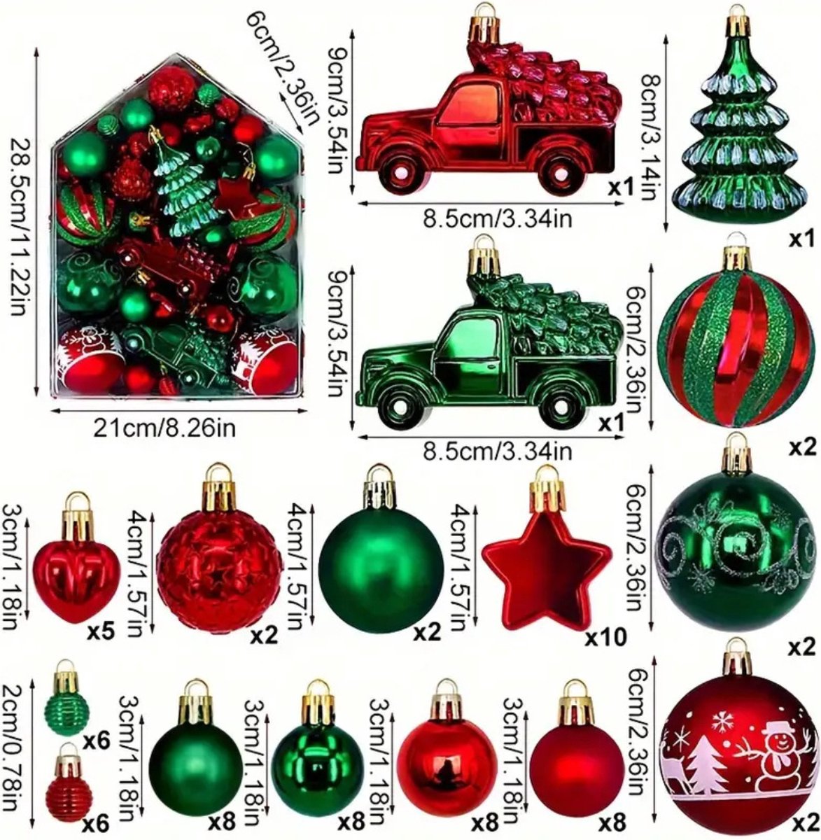 Nivard Kerstballen - Kerstversiering - Plastic - Kerstballenset - 72 stuks - Rood/Groen