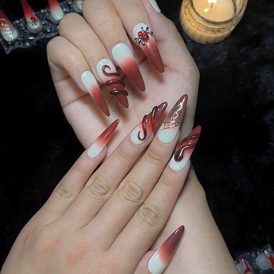 Ongles pressés Handgemaakt - Ongles longs rouges en amande - Silk venimeuse - Taille XS