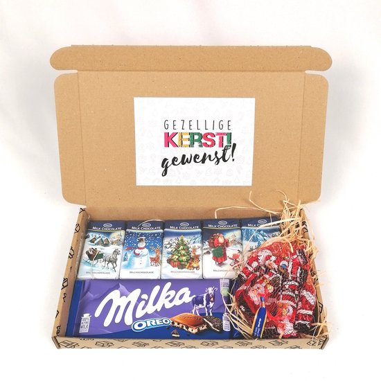 Kerst brievenbus cadeau - Gezellige kerst gewenst - winter chocolade cadeau pakketje - Milka Oreo - Chocolade kerstmannen - Kerst chocolade
