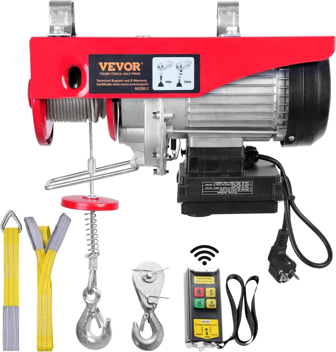 Takel - Lier - Motortakel - Hijskraan - 1000KG - Draadloos - Met Afstandsbediening - 1600W - 220V - 3.8nm - 2800rpm