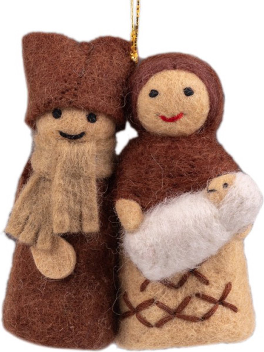 Hanger Vilt Kerst - Jozef en Maria Figuurtjes - Bruin - 11cm - Handgemaakt & Fairtrade