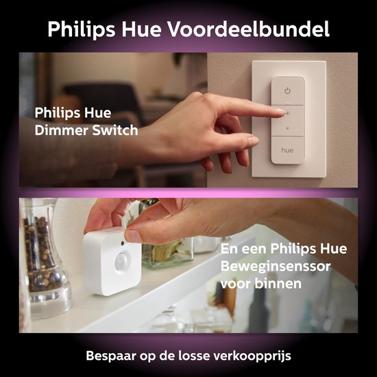 Philips Hue Voordeelbundel: Dimmer Switch en Bewegingssensor voor binnen. Bespaar op de losse verkoopprijs.