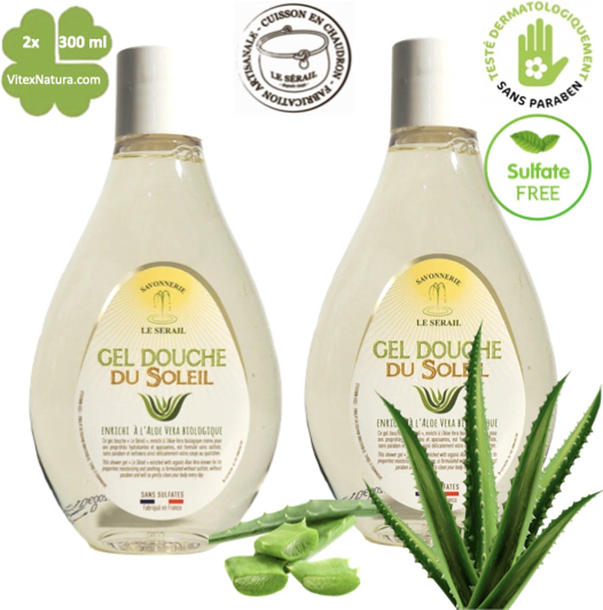 Sulfaatvrije douchegel | 2x300ml | biologische Aloë vera | Le Sérail | Franse Marseillezeep Ambacht