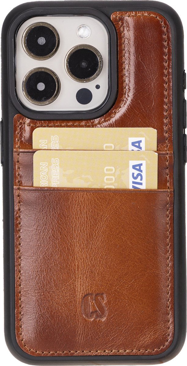 Charmant Style - Telefoonhoesje-iPhone 15 Pro Hoesje Met Pasjeshouder-Burned Cognac-Geschikt voor iPhone 15 Pro lederen hoesje-RFID Bescherming-Back Cover hoesje