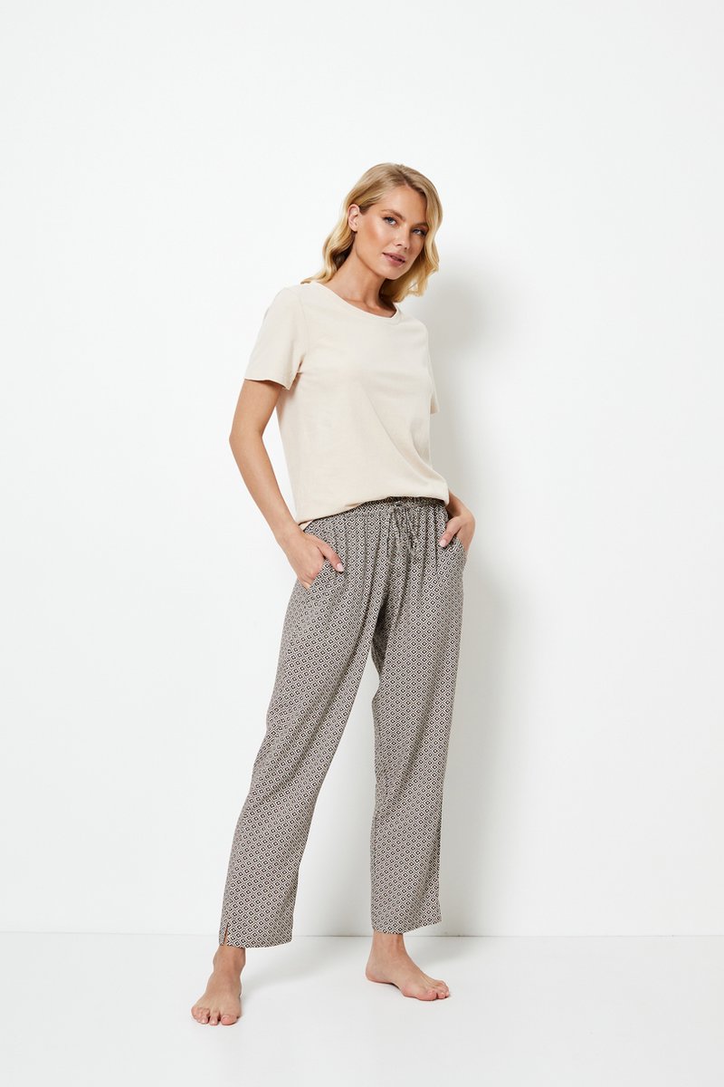 Aruelle Dames Pyjama Jade-Zachte Katoenen Top & Viscose Broek-Korte Mouwen-Strikband & Zijsplitten-Beige-Multicolor beige/multicolor