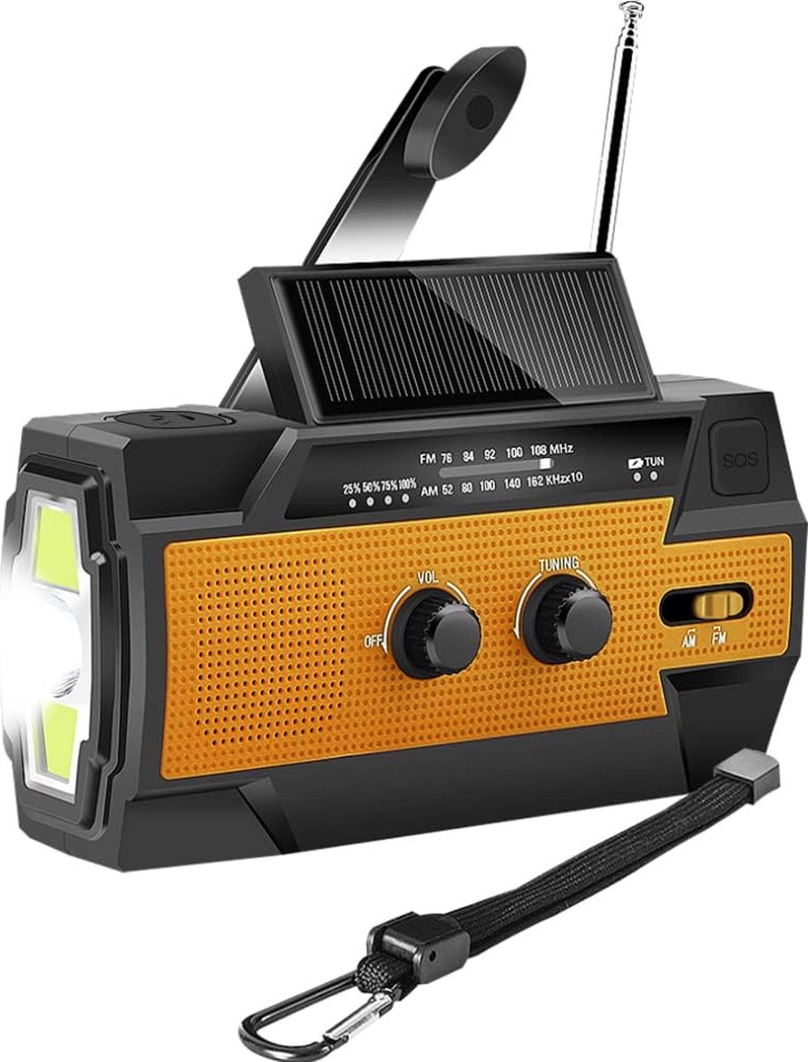 DiverseGoods Draagbare noodradio op zonne-energie, rampen, AM/FM, 4000 mAh, oplaadbare dynamo, Powerbank 2000 mAh - Zaklamp - Solar opwindbaar - SOS alarm - USB-C kabel - Noodpakket - Kunststof - roodwaterdicht, led-lamp, powerbank