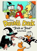 Donald Duck en zijn neefjes verkleed voor Halloween. Donald Duck is een heks en er wordt snoep uitgedeeld.