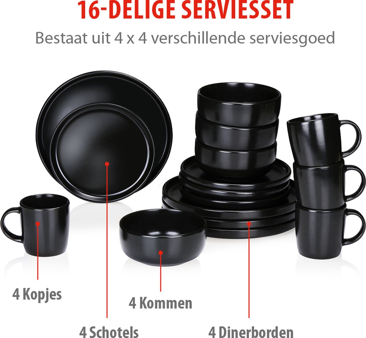 alpina Serviesset 4 Persoons - Aardewerk Servies 16-Delig - Bordenset met Ontbijtborden, Dinerborden, Kommen en Mokken - Servies Set Magnetron en Vaatwasser Bestendig - Zwart — afbeelding 7