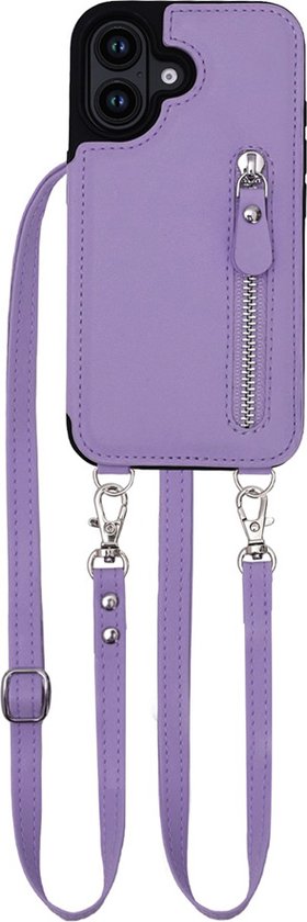 CaseBoutique Étui arrière pour iPhone 16 Plus – Lilas uni – Simili cuir – avec cordon bandoulière, porte-cartes et poche zippée